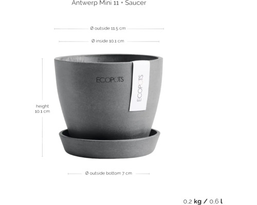 ECOPOTS Antwerp Mini 11 Pflanztopf mit Untersetzer und Maßangaben
