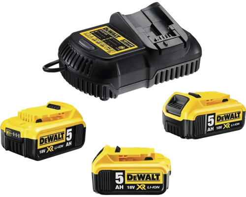 Dewalt Akku-Ladegerät mit drei 18 Volt 5 Amperestunden Lithium-Ionen-Akkus