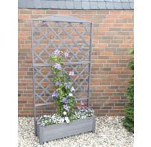 Blumenkasten mit Rankgitter aus Holz mit Pflanzen vor einer Ziegelwand