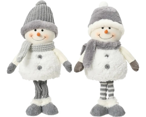 Zwei Stoff-Schneemänner mit Mützen und Schals als Weihnachtsdekoration