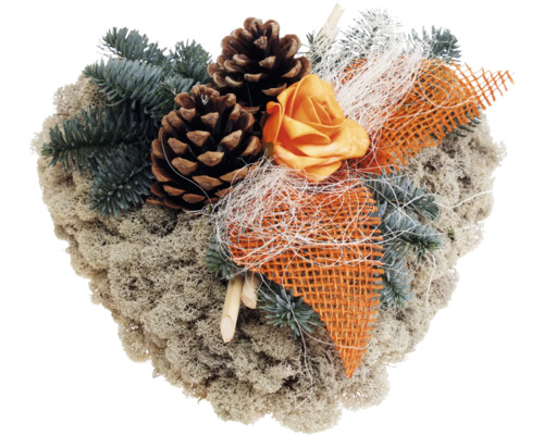 Grabgesteck Islandmoosherz Ø ca.24 cm H ca. 14 cm orange Herzförmiges Gesteck mit Zapfen, Rose und Tannenzweigen