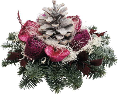 Grabgesteck Nobilistanne Holzscheibe Ø 20 cm H ca. 13 cm brombeer Gesteck mit Tannenzweigen, Zapfen und Dekorationsmaterial