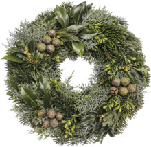 Dekorativer Türkranz mit verschiedenen Grünpflanzen und Zapfen