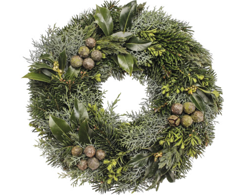Adventskranz Ilex ca. Ø 30 cm Koniferenmixkranz Selection Tellerkranz frisch gebunden, echte Konifere Dekorativer Türkranz mit verschiedenen Grünpflanzen und Zapfen