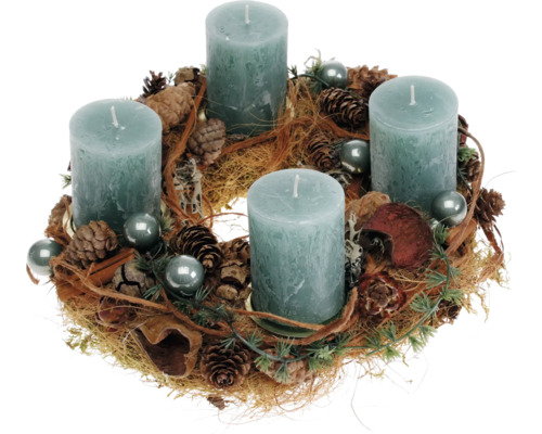 Mooskranz Adventskranz Ø 30 cm H ca. 16 cm inkl. 4 Stumpenkerzen Ø 6 cm H 9 cm smaragd Adventskranz mit vier Kerzen, Tannenzapfen und Kugeln