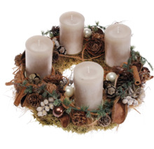 Adventskranz mit vier Kerzen, Tannenzapfen und Kugeln