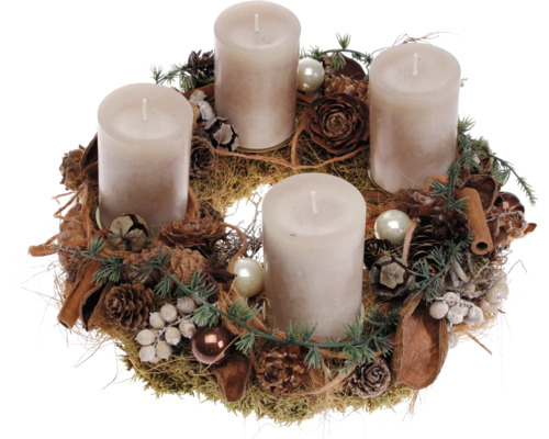 Mooskranz Adventskranz Ø 30 cm H ca. 16 cm inkl. 4 Stumpenkerzen Ø 6 cm H 9 cm erdnuss Adventskranz mit vier Kerzen, Tannenzapfen und Kugeln
