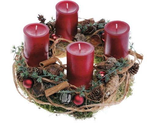 Mooskranz Adventskranz Ø 30 cm H ca. 16 cm inkl. 4 Stumpenkerzen Ø 6 cm H 9 cm karminrot Adventskranz mit vier Kerzen, Tannenzapfen und Dekoration
