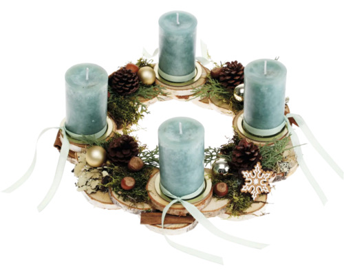 Adventsgesteck Tischgesteck Ø 30 cm H ca. 12 cm Birkenscheibenkranz inkl. 4 Rustik Kerzen smaragd Adventskranz mit vier Kerzen, Tannenzapfen und Dekoration
