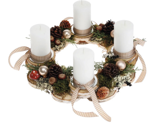 Adventsgesteck Tischgesteck Ø 30 cm H ca. 12 cm Birkenscheibenkranz inkl. 4 Rustik Kerzen weiß Adventskranz mit vier Kerzen, Tannenzapfen und Dekoration