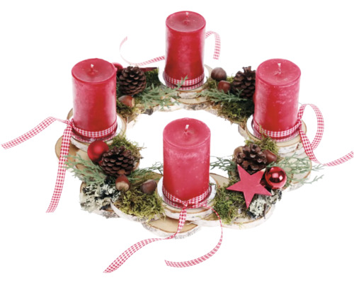 Adventsgesteck Tischgesteck Ø 30 cm H ca. 12 cm Birkenscheibenkranz inkl. 4 Rustik Kerzen rot Adventskranz mit vier Kerzen, Tannenzapfen und Dekoration
