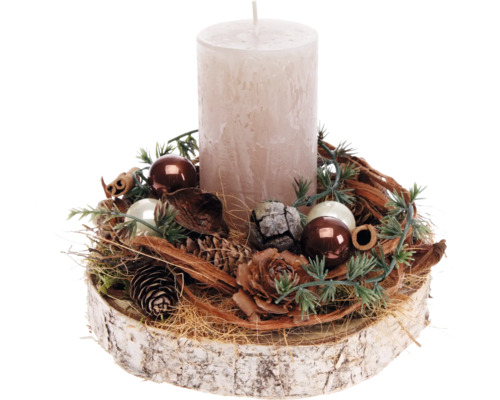 Adventsgesteck Tischgesteck Ø 19 cm H 17 cm Birkenholzscheibe inkl. 1 Rustik Kerze erdnuss Dekorative Kerze mit Weihnachtsschmuck auf Holzscheibe