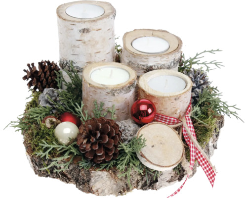 Adventsgesteck Tischgesteck Ø 20 cm H ca. 14 cm Birkenscheibe inkl. 4 Teelichter aus Birkenholz rot Dekor Adventsgesteck mit vier Kerzenhaltern aus Birkenholz, Tannenzapfen und Dekorationen