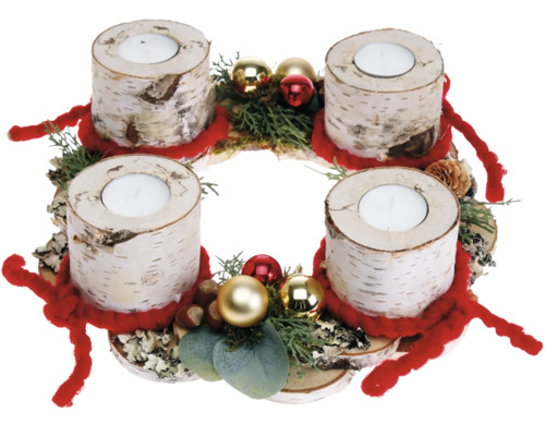 Adventsgesteck Tischgesteck Ø 30 cm H ca. 10 cm Birkenscheibenkranz inkl. 4 Teelichter dekor rot Adventskranz mit Kerzenhaltern aus Birkenholz, dekoriert mit Weihnachtskugeln und Tannenzweigen