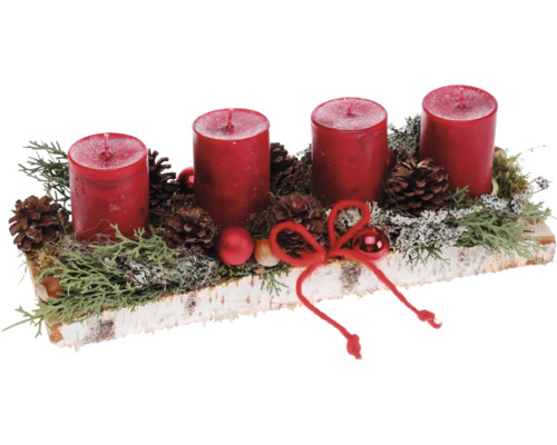 Adventsgesteck Tischgesteck L 33 cm H ca. 12 cm B ca. 12 cm Birkenholzbrett inkl. 4 Rustik Kerzen rot Adventsgesteck mit vier Kerzen, Tannenzapfen und Dekoration auf Birkenholztablett