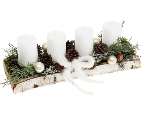 Adventsgesteck Tischgesteck L 33 cm H ca. 12 cm B ca. 12 cm Birkenholzbrett inkl. 4 Rustik Kerzen weiß Adventsgesteck mit vier Kerzen, Tannenzweigen und Dekorationen auf Birkenholz