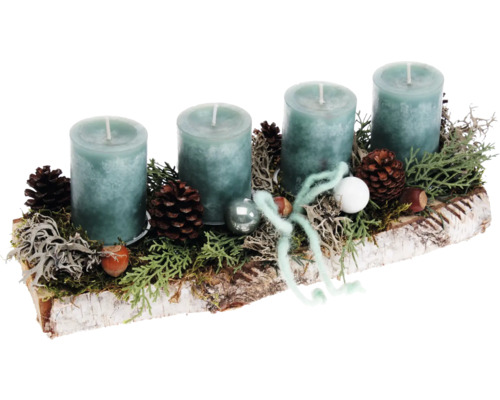 Adventsgesteck Tischgesteck L 33 cm H ca. 12 cm B ca. 12 cm Birkenholzbrett inkl. 4 Rustik Kerzen smaragd Adventskranz mit vier Kerzen, Tannenzapfen und Naturdekoration auf Birkenholz