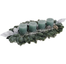 Adventsgesteck mit vier Kerzen, Tannenzweigen, Schleifen und Dekoration