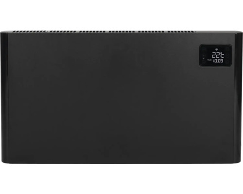 Schwarzer Heizkörper mit digitaler Temperaturanzeige.