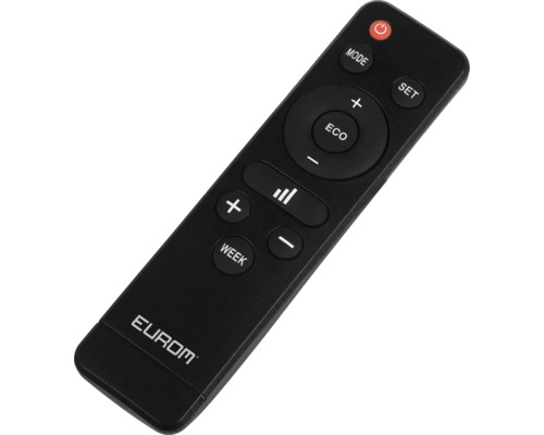 Schwarze Eurom Fernbedienung mit Tasten für Modus, Eco, Lautstärke und Wochenprogramm