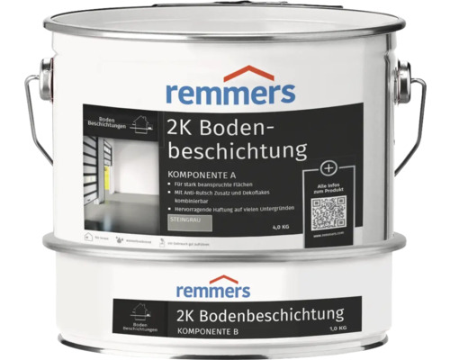 Remmers 2K Bodenbeschichtung, ein Zweikomponenten-System für Bodenbeschichtungen, Gebinde mit Komponente A und B