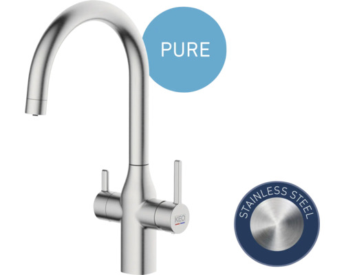 Küchenarmatur aus Edelstahl mit hohem Auslauf und Pure-Symbol