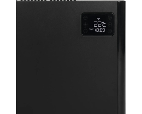 Detailansicht eines schwarzen Heizkörpers mit digitaler Temperaturanzeige