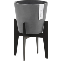 Grauer Blumentopf auf schwarzem Pflanzenständer