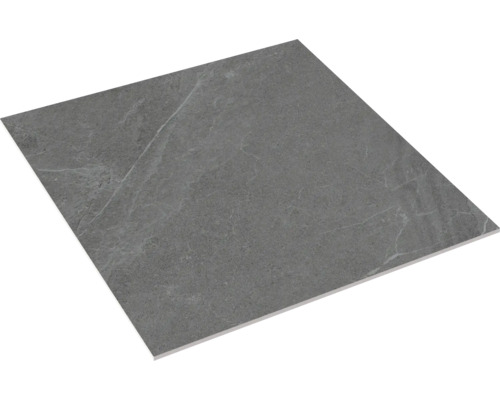 Quadratische, graue Bodenfliese mit Marmoroptik.