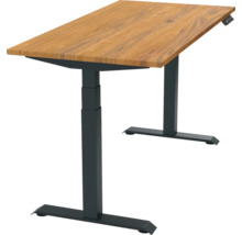 Höhenverstellbarer Schreibtisch mit Holzplatte und schwarzem Gestell.
