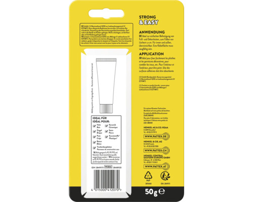 Pattex Kleber Verpackungsrückseite mit Anwendungsdetails und idealen Materialien