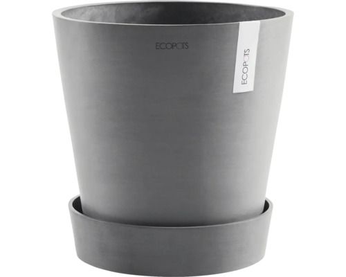 Grauer Pflanztopf aus Kunststoff mit passender Untertasse
