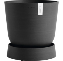 Dunkler Pflanztopf aus Kunststoff mit Untersetzer