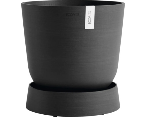 Dunkler Pflanztopf aus Kunststoff mit Untersetzer
