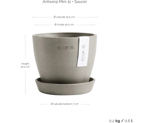 Ecopots Antwerp Mini 11 Pflanztopf mit Untersetzer