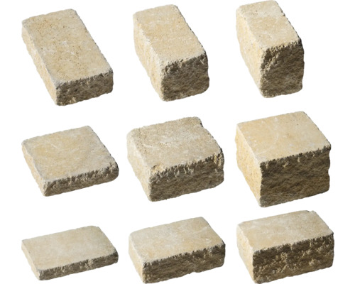 Neun Betonpflastersteine in verschiedenen Formen und Größen.