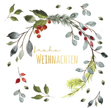 Aquarellzeichnung von Pflanzen und dem Schriftzug Frohe Weihnachten