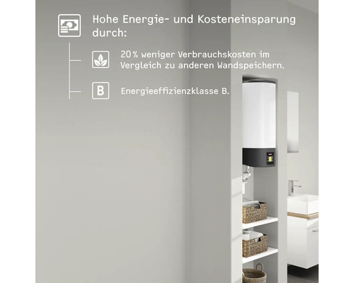 Hohe Energie- und Kosteneinsparung durch einen Warmwasserspeicher der Energieeffizienzklasse B, der 20 Prozent weniger Verbrauchskosten verursacht.