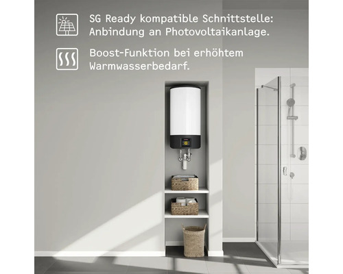 Warmwasserspeicher mit SG Ready Schnittstelle und Boost-Funktion im Badezimmer.