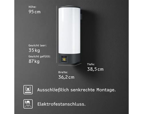 Warmwasserspeicher mit den Maßen: 95 cm Höhe, 36,2 cm Breite und 38,5 cm Tiefe, Leergewicht: 35 kg, gefüllt: 87 kg, ausschließlich senkrechte Montage, Elektrofestanschluss