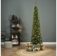 Schmaler, beleuchteter Weihnachtsbaum mit Geschenken auf einem Teppich in einem dekorierten Raum.