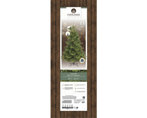 Verpackung einer Everlands Alba-Tanne, mit Beleuchtung und kompakter Form.