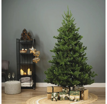 Geschmückter Weihnachtsbaum mit Geschenken auf einem Teppich in einem Wohnzimmer.