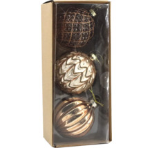 Verpackung mit drei Christbaumkugeln aus Kunststoff mit unterschiedlichen Mustern