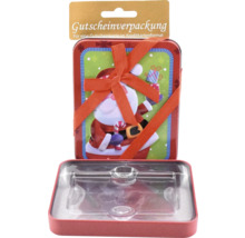 Geschenkverpackung aus Metall mit Weihnachtsmotiv und Schleife