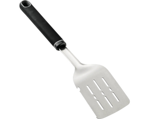 Grillwender aus Edelstahl mit Schlitz und schwarzem Griff