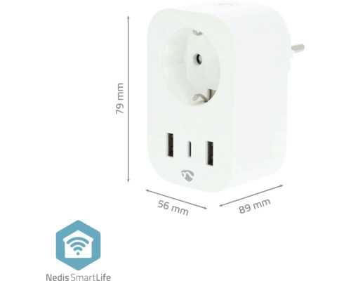 Abmessungen eines weißen Nedis SmartLife Steckdosenadapters mit USB-Anschlüssen