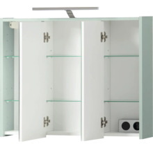 Offener Spiegelschrank mit Glasböden und Beleuchtung