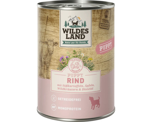 Hundefutter nass Wildes Land Puppy Rind mit Süßkartoffeln 400 g Wildes Land Hundefutter für Welpen mit Rind im Konserve