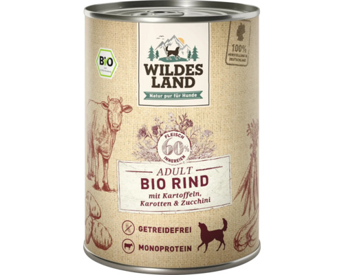 Hundefutter nass Wildes Land Bio Rind mit Kartoffeln 400 g Wildes Land Bio Rind Hundefutter für ausgewachsene Hunde